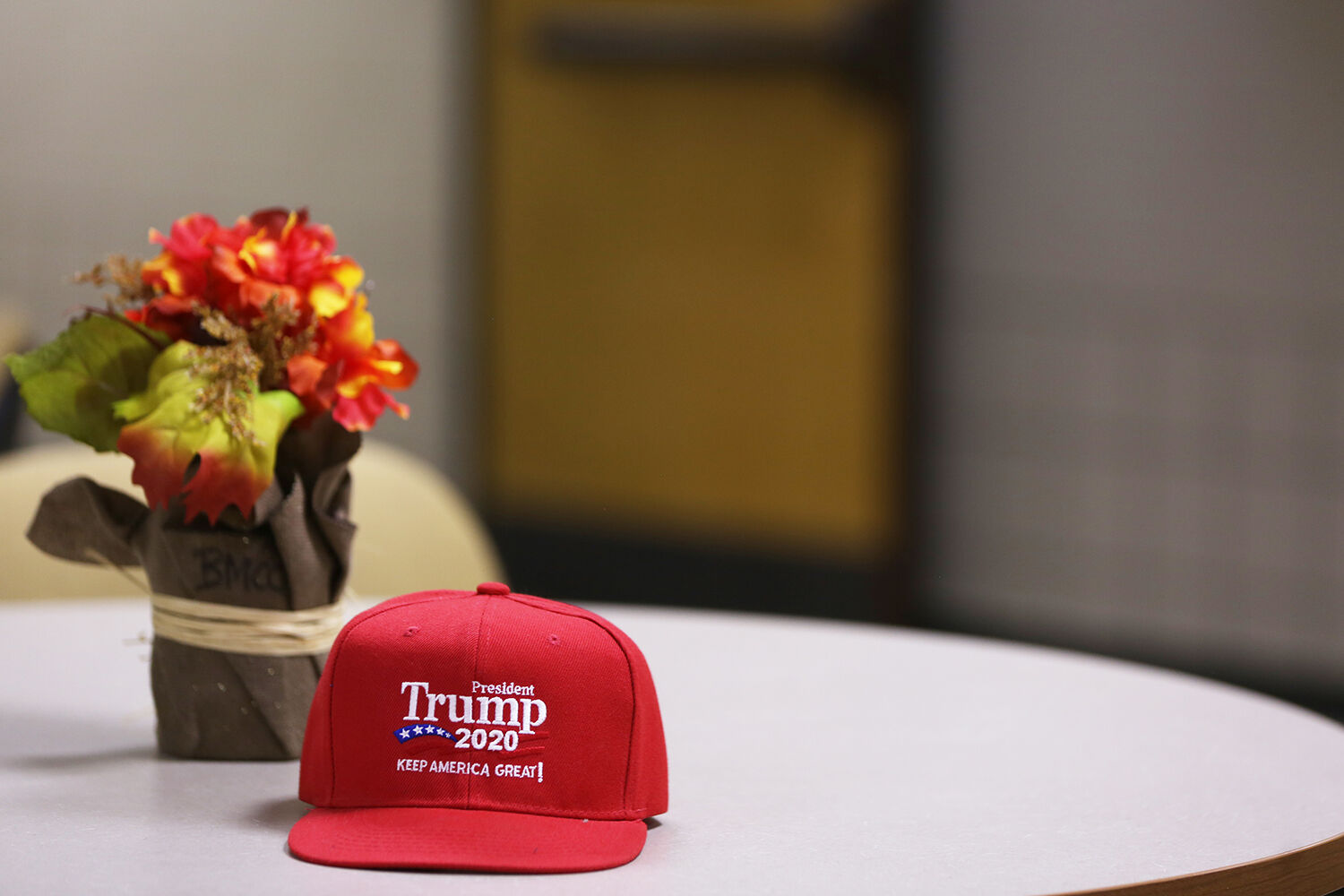 A voter left his Trump 2020 hat on a table outside while he went in to vote